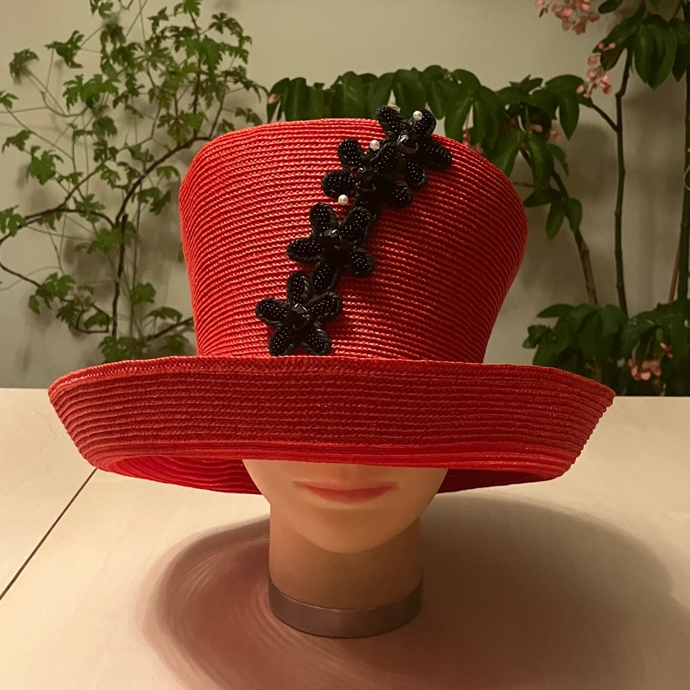 Red Straw Wide Brim Hat with Black Beaded Flower Trim